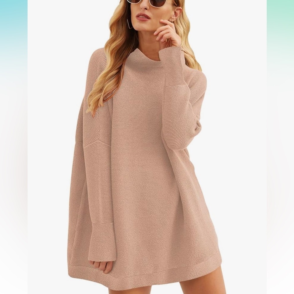 Women’s Turtleneck Batwing Sleeve Oversized Ribbed Knit Tunic Sweater - Picture 2 of 13